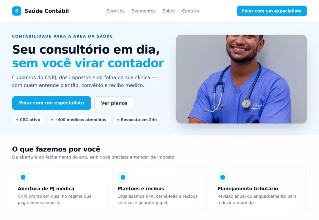 Página de Médicos e Clínicas em um site de contabilidade criado pela SiteCont