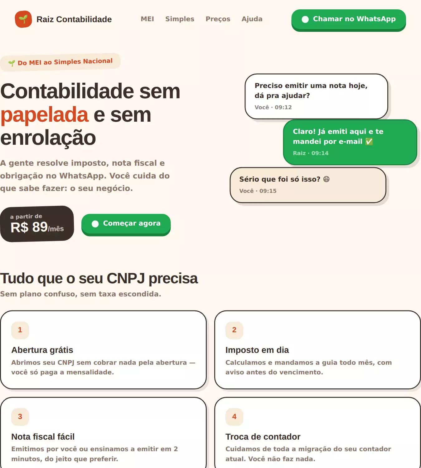 Página inicial do site de demonstração Raiz Contabilidade — MEI e pequenos negócios