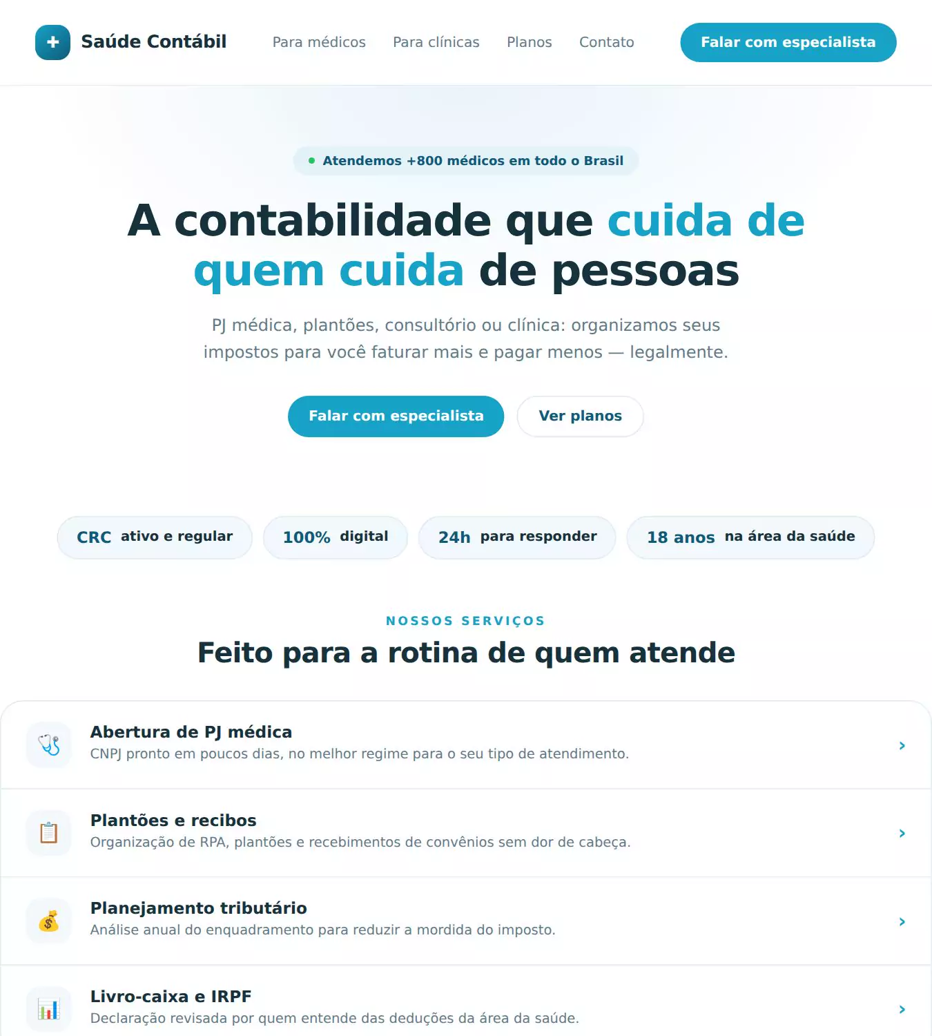 Página inicial do site de demonstração Saúde Contábil — Médicos e clínicas