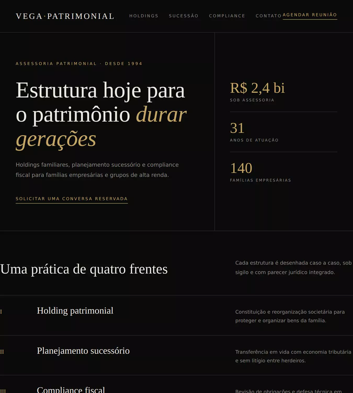 Página inicial do site de demonstração Vega Patrimonial — Holdings e alta renda